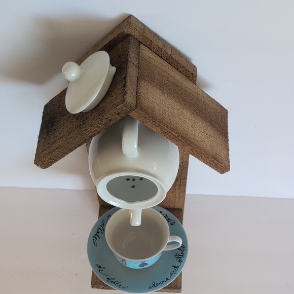 Rustic Wooden Teapot and Cup Handmade Bird Feeder Ladies Tea Time - Picture 5 of 16
